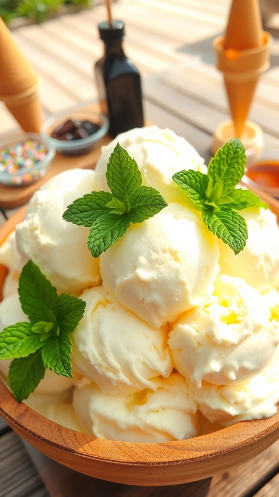 A bowl of vanilla ice cream with mint leaves, cones, and toppings in a sunny outdoor setting.